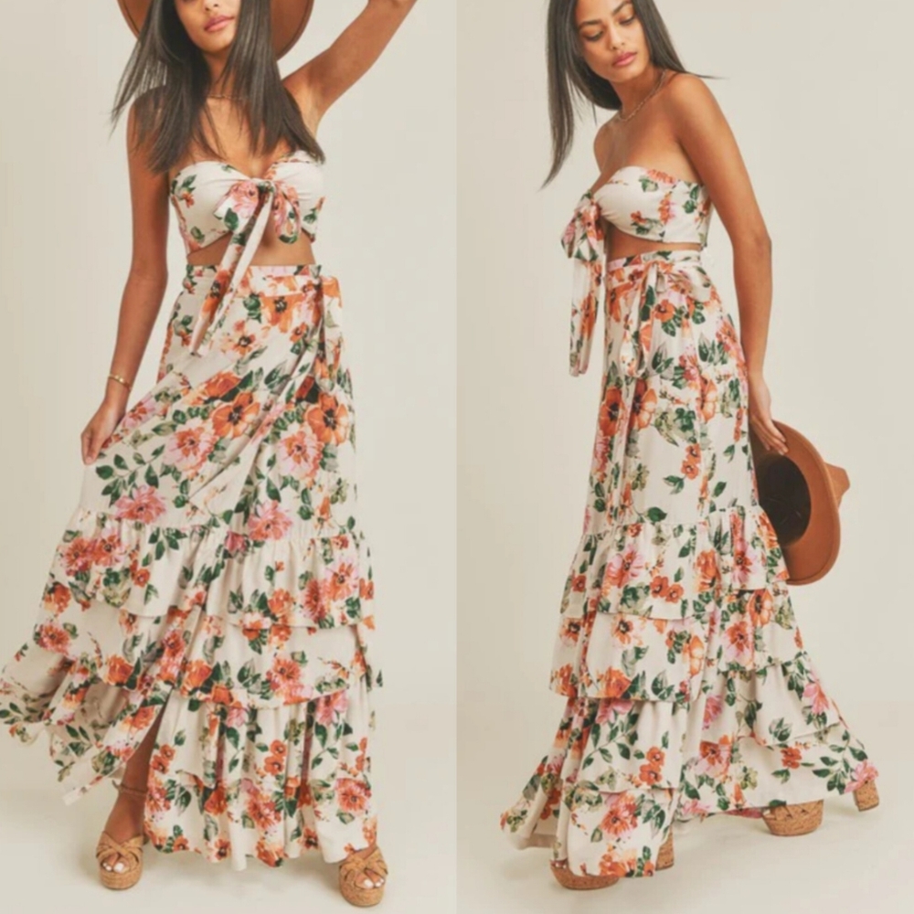 . Multicolor Floral 2 Piece Tie Sleeveless Crop Top & High Waist Maxi Skirt Set - Picture 6 of 9
